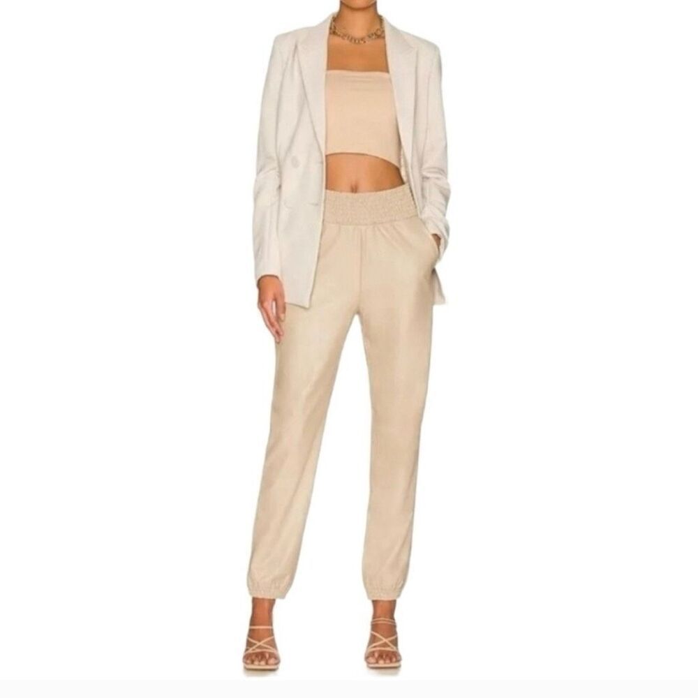 Commando, Sand Tan Faux Leather Jogger Pants Smocked Elastic Hem, Women’s Medium